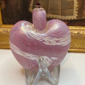 Mount St. Helens Ash Art Glass Footed Pink Heart Shape Oil Lamp Used Signed